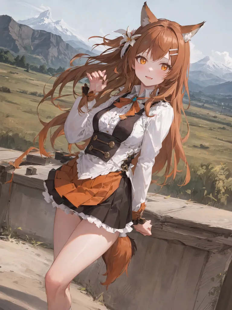 The image is of an anime girl with long, flowing brown hair and orange fox ears. She is wearing a white blouse, a brown skirt, and a brown apron. She is also wearing a flower in her hair and a ribbon around her neck. She has a sly expression on her face and is looking at the viewer with one eye closed. The background is a green field with mountains in the distance.