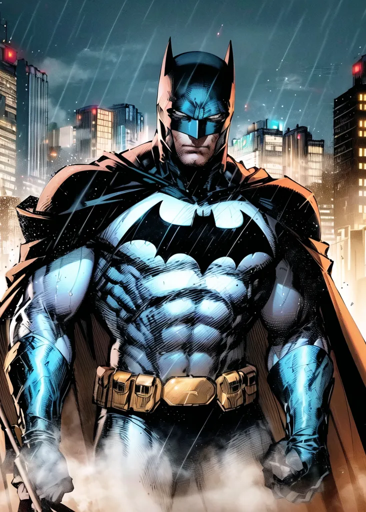 The image is a digital painting of Batman, a superhero from DC Comics. He is standing on a rooftop in a dark and rainy city. He is wearing his classic blue and gray costume with a yellow utility belt. His cape is billowing in the wind and he has a determined look on his face. The background is a cityscape with tall buildings and a dark sky. The image is full of action and suspense, and it captures the essence of Batman's character.