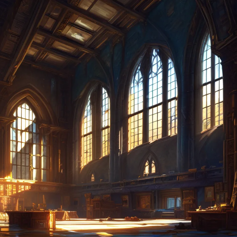 The image is a digital painting of a library. The library is in a large, Gothic-style building. The walls are made of dark wood, and the floor is made of stone. There are large windows on all sides of the library, and the sunlight is streaming in. The library is filled with bookshelves, and there are desks and chairs scattered throughout. There is a large fireplace in the center of the library, and a few people are sitting in chairs by the fire, reading. The library is quiet and peaceful, and it is the perfect place to study or relax.