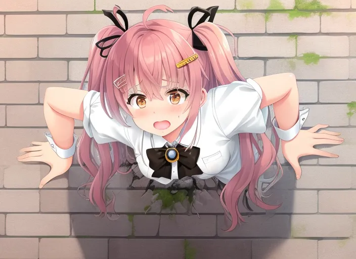 The image depicts an anime-style girl with pink twintails and yellow eyes. She is wearing a white blouse with a black bow and has a surprised expression on her face. She is shown breaking through a brick wall with her hands and upper body sticking out of the hole. The girl's lower body is still inside the wall.