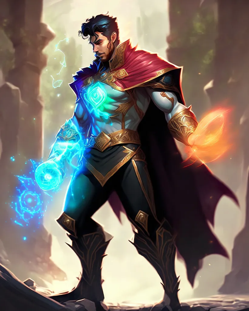 The man is wearing a blue and gold outfit with a red cape. He has brown hair and blue eyes. He is standing in a fighting stance, with one hand raised and the other holding a fireball. The background is a blur of blue and green.