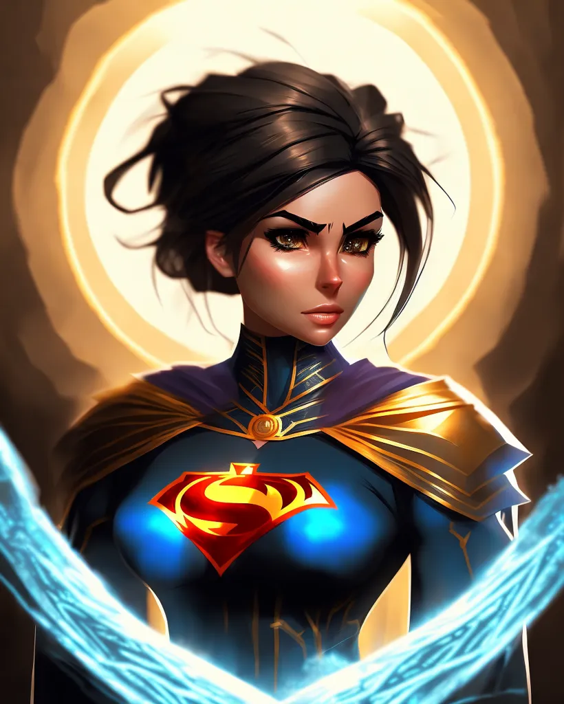 A imagem é de uma jovem mulher com cabelos longos e escuros. Ela está usando um traje de super-herói azul e dourado com uma capa vermelha. O símbolo em seu peito é a letra \