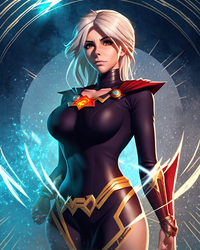 The image shows a woman with long white hair. She is wearing a black and red bodysuit with a gold belt. She has a serious expression on her face and is looking at the viewer. There is a glowing blue circle behind her.