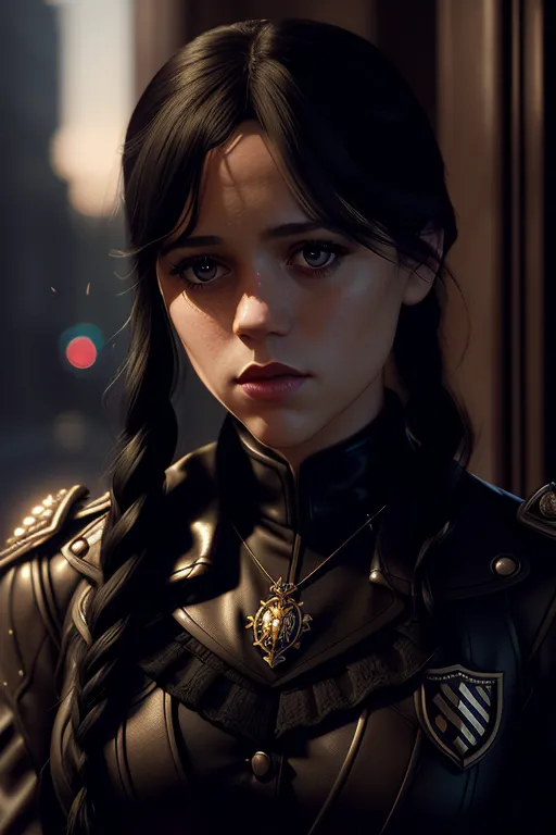 The image is a portrait of a young woman with long dark hair, pale skin, and dark eyes. She is wearing a black leather military-style jacket with gold buttons and a gold necklace with a crest on it. The background is blurry, but it looks like she is in a city. The woman's expression is serious and thoughtful. She is looking at the viewer with her head tilted slightly to the right.