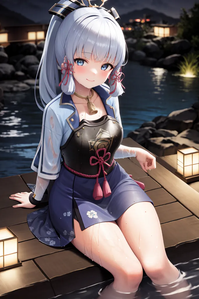 The image is of a young woman with long, light blue hair and blue eyes. She is wearing a white and blue kimono with a red sash. She is sitting on a wooden dock with her feet in the water. There are two lanterns on the dock and a few more in the background. The background is a dark night sky with a few stars. The woman is smiling and looks relaxed.