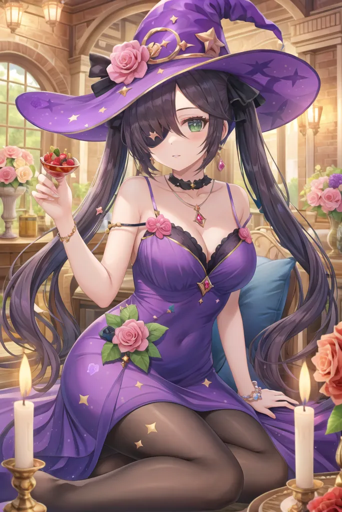 The image is of a beautiful young woman with long black hair and green eyes. She is wearing a purple dress with a sweetheart neckline and a thigh-high slit. She is also wearing a matching purple hat with a wide brim and a sheer veil. The woman is sitting in a luxurious chair in what appears to be a dining room. There is a table next to her with a lit candle on it. The woman is holding a glass of wine in her right hand and is looking at the viewer with a seductive expression.