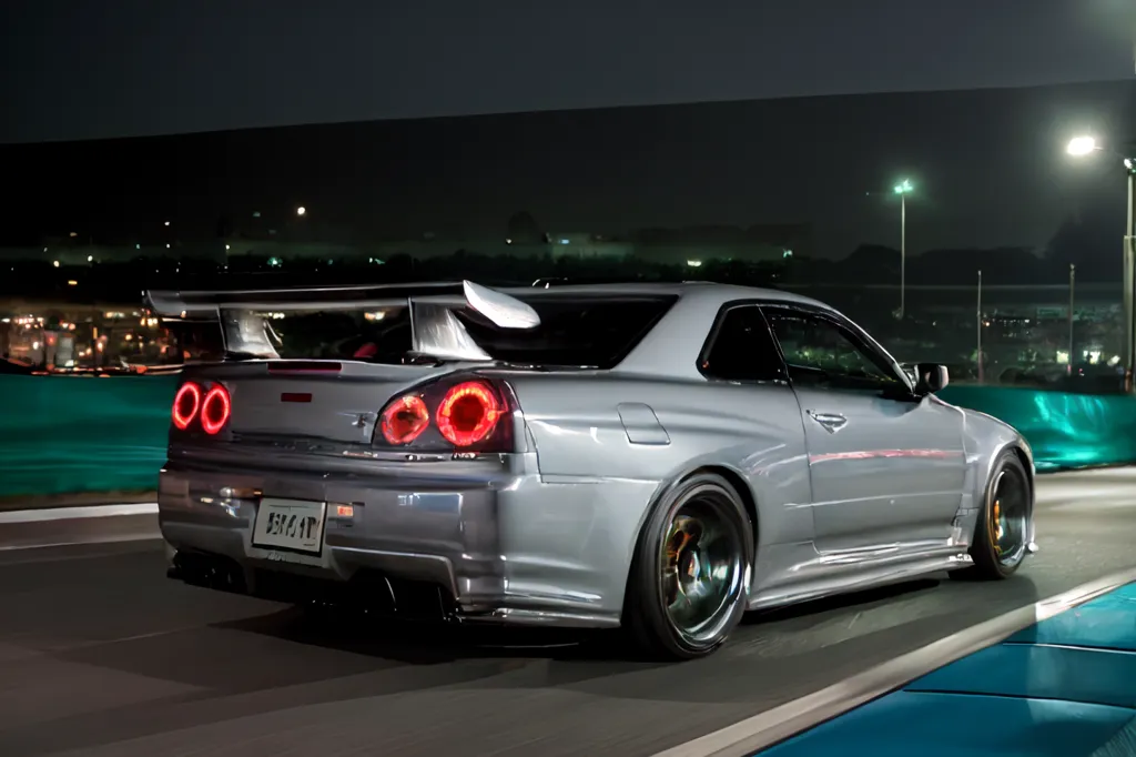 The image shows a silver Nissan Skyline R34 GT-R V-Spec II Nür. It is a high-performance sports car that was produced by Nissan from 1999 to 2002. The R34 GT-R is the fourth generation of the Skyline GT-R series, and it is considered to be one of the most iconic Japanese sports cars of. . . . . . all time

The R34 GT-R is powered by a 2.6-liter twin-turbocharged inline-six engine that produces 280 PS (206 kW; 276 hp) and 400 N·m (295 lb·ft) of torque. The engine is mated to a 6-speed manual transmission and an all-wheel drive system. The R34 GT-R can accelerate from 0 to 100 km/h (0 to 62 mph) in 4.9 seconds and has a top speed of 300 km/h (186 mph).

The R34 GT-R was available in two trim levels: the V-Spec and the V-Spec II. The V-Spec II was the higher-performance model, and it featured a number of upgrades over the V-Spec, including a more powerful engine, a stiffer suspension, and a carbon fiber rear spoiler.

The R34 GT-R was a very successful car, and it was exported to a number of countries around the world. It is still considered to be one of the most desirable Japanese sports cars of all time, and it is often sought after by co