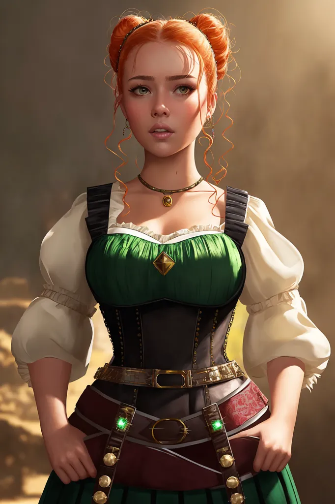 The image is a portrait of a young woman with red hair and green eyes. She is wearing a white blouse, a green corset, and a brown skirt. She has a belt with a large buckle around her waist, and there are several pouches and other objects hanging from it. She is also wearing a necklace with a large green gem in the center. The woman has a serious expression on her face, and she is looking directly at the viewer. She is standing in front of a dark background, and there is a bright light shining on her from the right side of the frame.