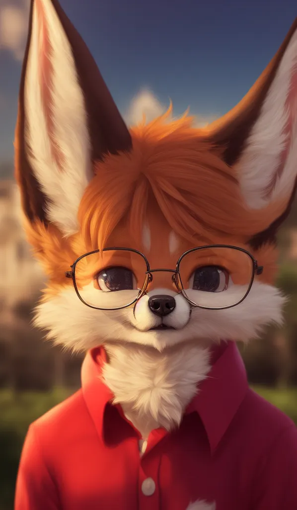 The image shows a red fox wearing glasses and a red shirt. The fox is standing in a field, looking at the camera. It has brown fur with white and black markings on its face and paws. Its ears are pointed and its tail is long and bushy. The fox is wearing a pair of black glasses and a red shirt that is buttoned up. The fox is standing in a field of green grass and flowers. There are trees and mountains in the background.