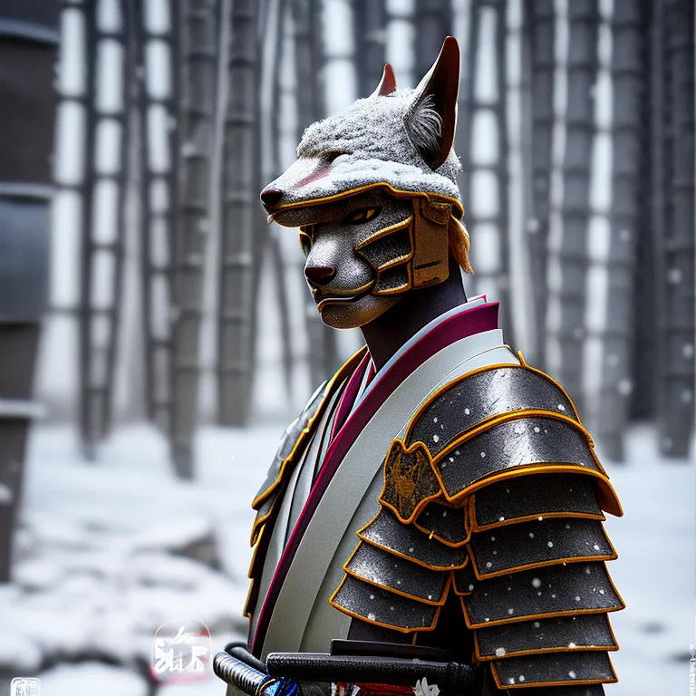 The image is a portrait of a samurai wearing a wolf helmet and armor. The samurai is standing in a snowy forest, and he is looking at the viewer with a determined expression. The wolf helmet is made of metal, and it has a fierce expression on its face. The samurai's armor is also made of metal, and it is covered in intricate designs. The samurai is carrying a sword, and he is ready to fight. The image is a realistic depiction of a samurai, and it captures the strength and ferocity of these ancient warriors.