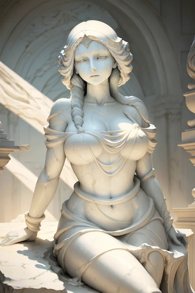 The image is a 3D rendering of a classical statue of a woman. She is depicted as young and beautiful, with long, flowing hair and a serene expression on her face. She is wearing a toga that is draped over her left shoulder and gathered at her waist. The statue is made of white marble and is lit by a soft light. The background is a blur of light and dark colors.