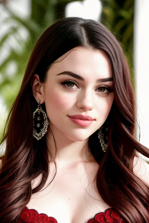 The image shows a young woman with long, dark brown hair. She has light skin and dark brown eyes. Her eyebrows are arched and she has long, dark eyelashes. Her lips are full and she has a small, defined nose. She is wearing a red dress with a sweetheart neckline. The dress is covered in small, white flowers. She is also wearing a pair of diamond earrings. The woman is standing in a tropical setting. There are palm trees in the background and the sun is shining.