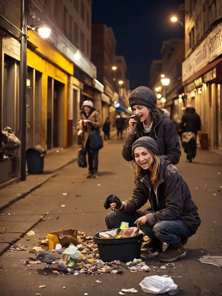 The image is a night scene of two women digging through a trash can. The women are both wearing dirty and tattered clothing, and they are surrounded by trash. One woman is holding a cell phone. The other woman is holding a bucket full of trash. The street is lit by a few streetlights, and there are buildings on either side of the street. The image is a still from a movie or TV show.