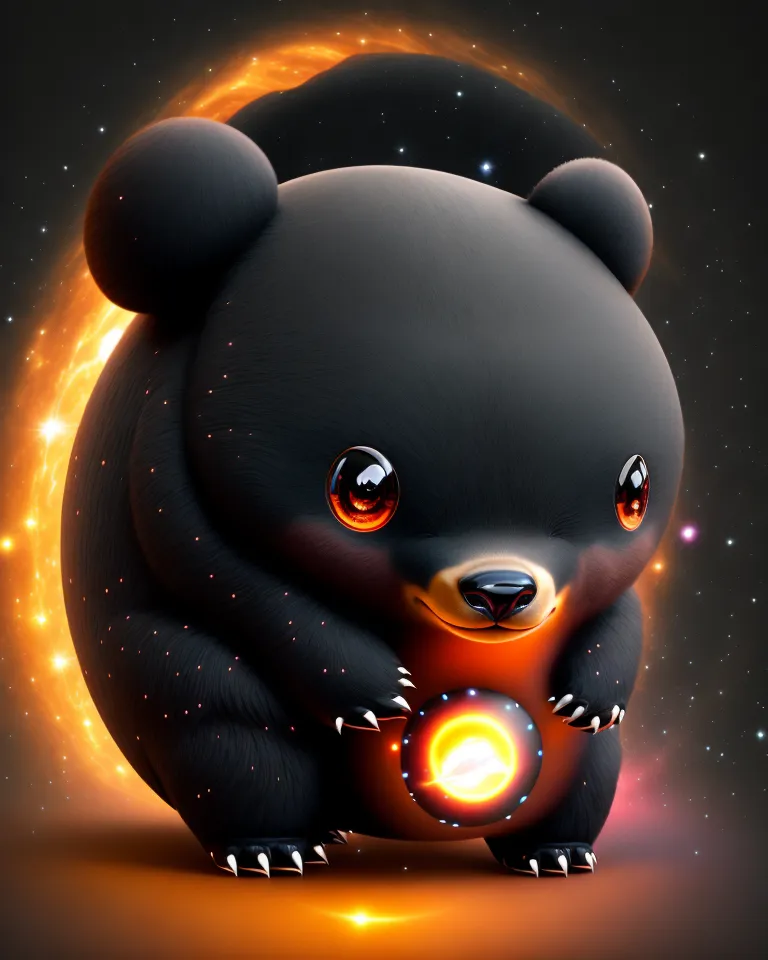 The image is a cute cartoon bear. It is black with orange eyes and a white belly. It is sitting in front of a large orange sun. The sun is surrounded by a black hole. The bear is smiling and has its paws on the sun. The background is a dark blue sky filled with stars.