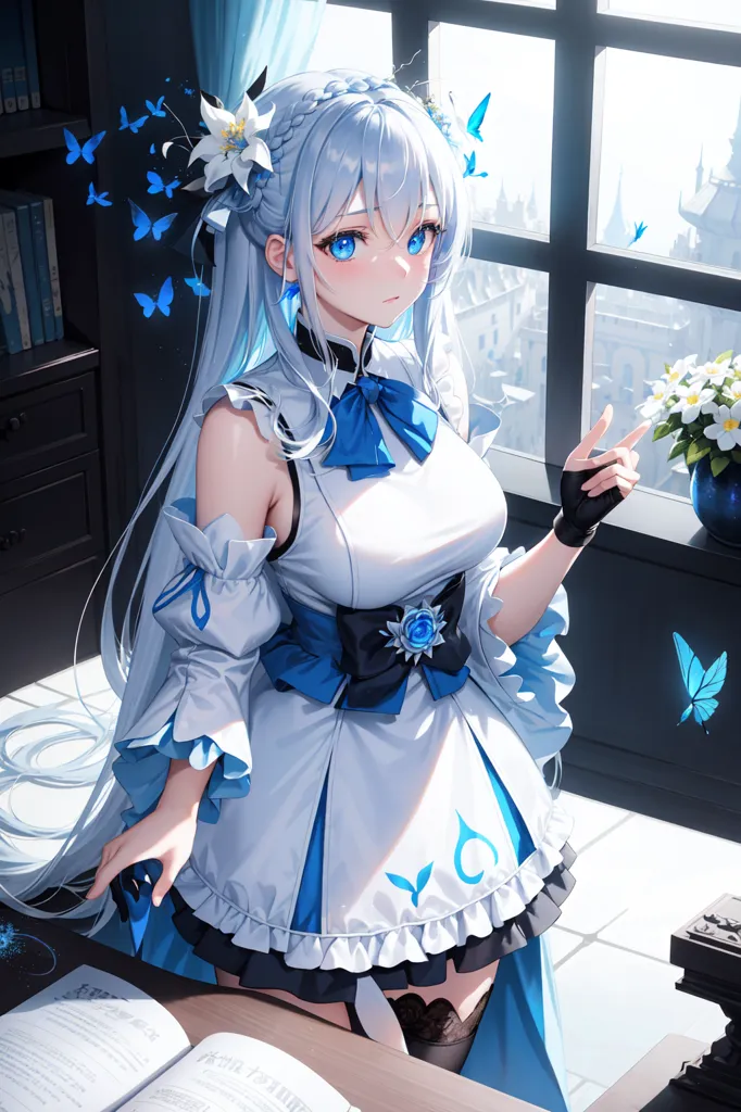 The image is of an anime girl with long white hair and blue eyes. She is wearing a white and blue dress with a blue bow on her chest. She is standing in a room with a bookshelf and a window. There are butterflies flying around her. The girl is looking at the butterflies with a gentle smile on her face. She is wearing a black choker with a blue gem in the center and black gloves. There is a vase of white flowers sitting on the ledge of the window. The girl has a book open on a desk to her right.