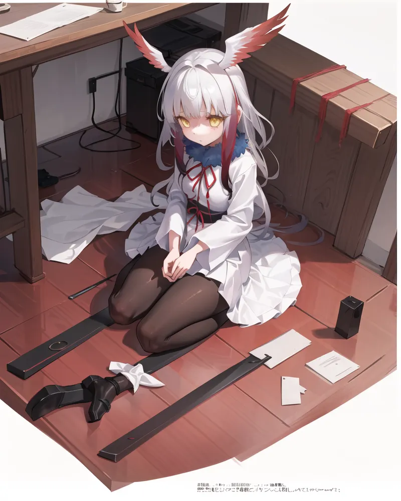 The image is of a young woman with white hair and yellow eyes. She is wearing a white dress with a red sash and has a pair of red and white wings. She is kneeling on the floor in front of a desk, and there are two swords on the floor next to her. The woman has a sad expression on her face, and it appears that she is crying.