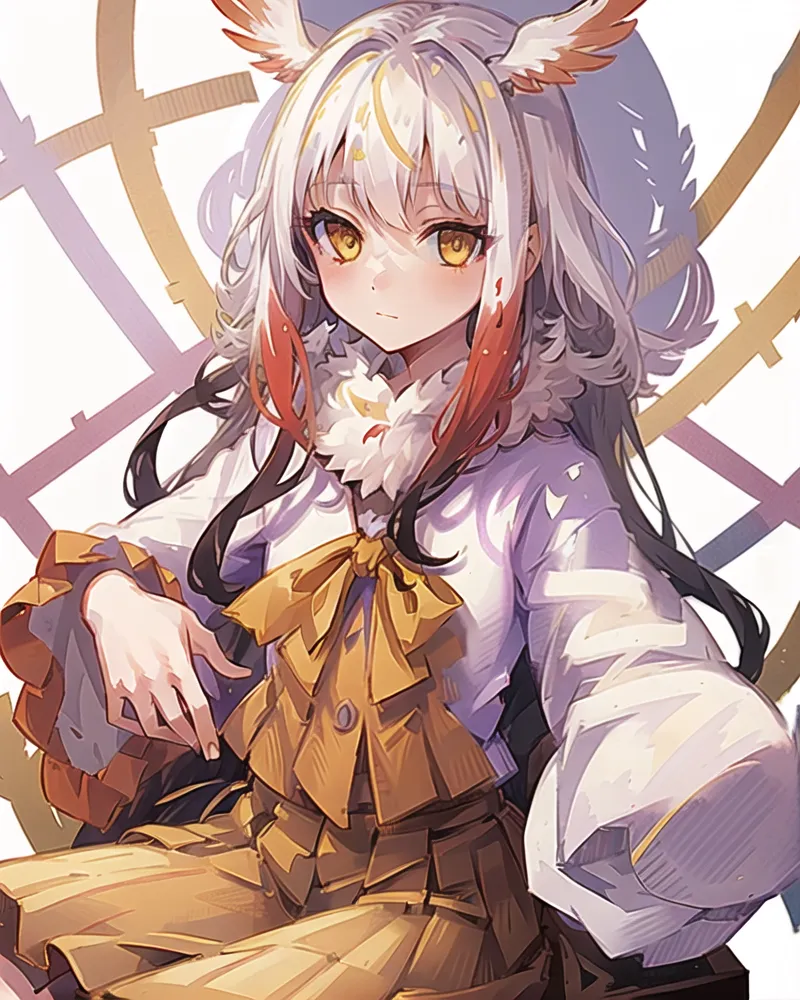 The image is of a young woman with long white and grey hair and yellow eyes. She is wearing a white blouse with a yellow bow and a brown skirt. She has a pair of bird wings on her head and a tail. She is sitting in a relaxed pose with one hand on her hip and the other pointing forward. The background is a white circle with a brown grid pattern.