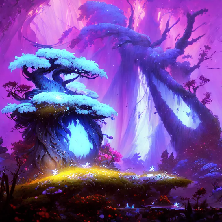 The image is a beautiful landscape of a forest with a large tree in the center. The tree is surrounded by a variety of other trees and plants, and there is a river running through the background. The sky is a deep purple color, and the light from the moon is shining through the trees. There are also some glowing mushrooms on the ground. The overall effect is one of mystery and wonder.