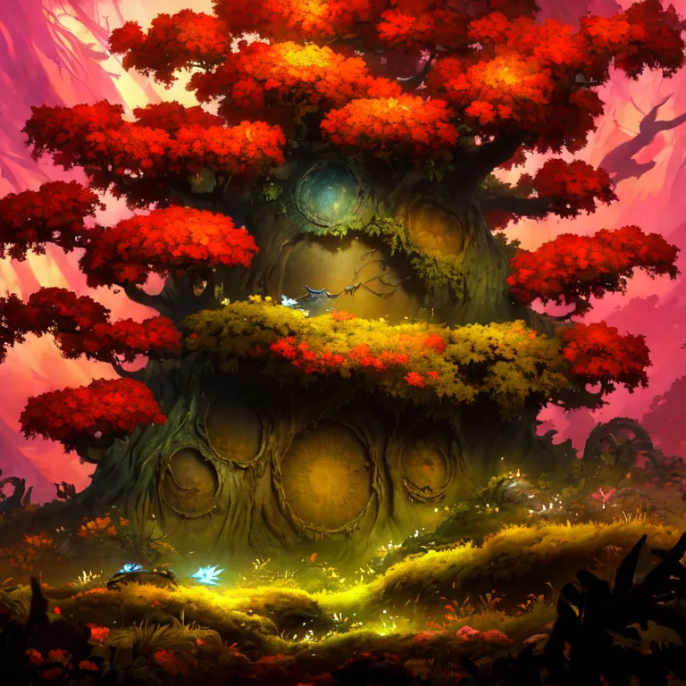 The image is a digital painting of a large tree with red leaves. The tree is in the center of the image and takes up most of the space. The tree has a large, hollow trunk with several holes in it. The holes are different sizes and shapes, and some of them are covered in moss. The tree is surrounded by a lush green forest, and there are several small, glowing mushrooms on the ground. The background of the image is a dark, reddish-brown color.