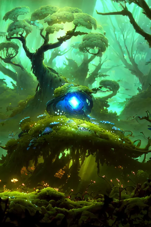 The image is a digital painting of a forest. The forest is made up of tall, lush trees with green leaves. The trees are so tall that they block out the sun, creating a dark and shadowy atmosphere. The only light comes from a few small, glowing mushrooms that are scattered around the forest floor.

In the center of the forest is a large, glowing orb. The orb is surrounded by a thick mist, which makes it difficult to see what it is. However, it is clear that the orb is the source of the light in the forest.

The forest is full of strange and wonderful creatures. There are small, furry creatures that scurry around the forest floor, and there are large, winged creatures that soar through the trees. The forest is also home to a variety of dangerous creatures, such as giant spiders and wolves.

The image is full of mystery and intrigue. It is clear that the forest is a dangerous place, but it is also a place of great beauty. The orb is a powerful symbol, and it is clear that it is the key to unlocking the secrets of the forest.