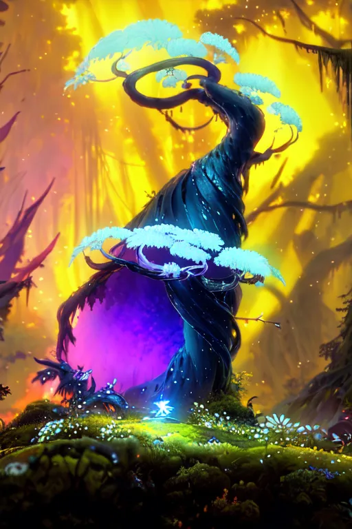 The image is a digital painting of a forest. The trees are tall and have a lot of branches. The leaves are a bright green color. There is a large tree in the center of the image. It has a large, round, purple pod hanging from it. The pod is glowing. There is a small, blue creature standing in front of the tree. The creature is looking at the pod. There are flowers and other plants growing around the tree. The background is a bright yellow color. There are rays of light shining through the trees. The image is very detailed and has a lot of vibrant colors.