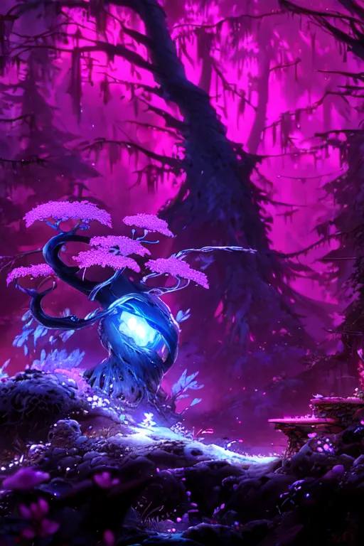The image is a digital painting of a forest. The trees are tall and have gnarled branches. The leaves are a deep purple color. The ground is covered in moss and there are several large mushrooms growing in the foreground. The sky is a dark blue and there are several stars shining. There is a bright light coming from the center of the image. It is unclear what the light is, but it is likely a source of magic or power. The image is very atmospheric and has a sense of mystery and wonder.