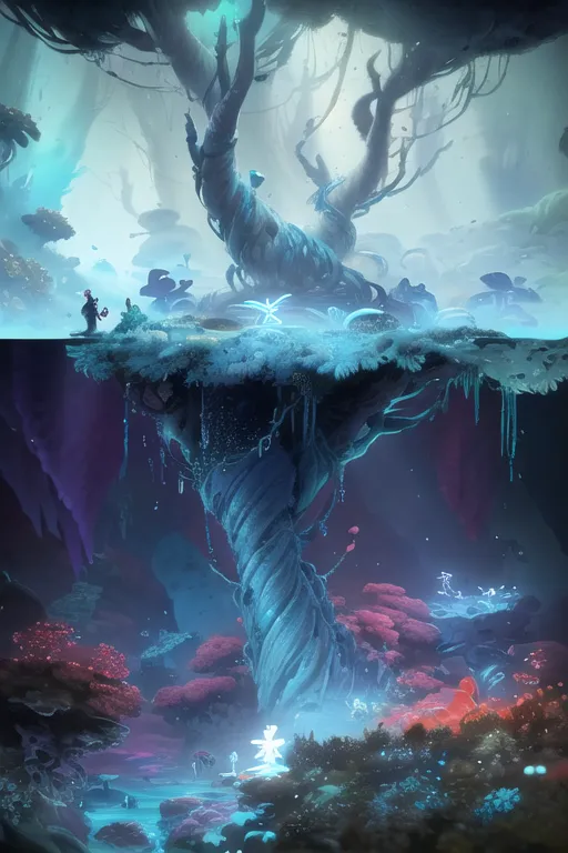 The image is a concept art for a video game. It shows a large tree with a glowing blue trunk. The tree is surrounded by a lush forest, with green leaves and blue flowers. There is a river running through the forest, and there are several small waterfalls. In the background, there is a large mountain range. The image is very peaceful and serene.