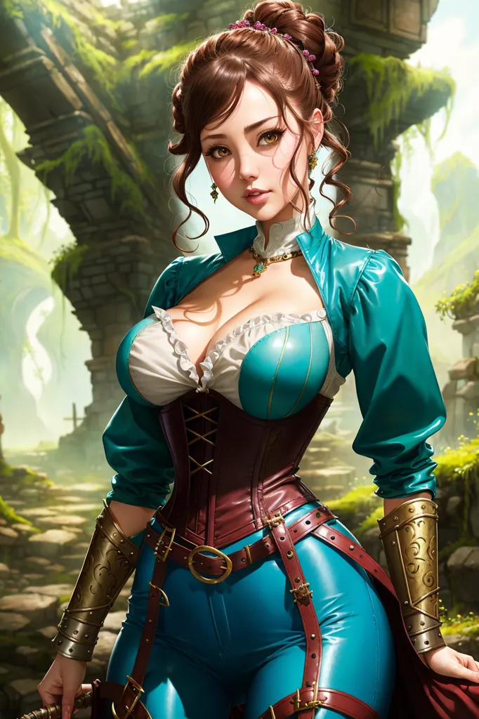 The image shows a woman standing in a forest. She is wearing a blue and brown outfit and has brown hair. She is looking at the viewer with a serious expression on her face. The background is blurry, but it looks like there are trees and ruins in the distance. The woman is wearing a blue corset with brown accents. The corset is pushed up, showing off her cleavage. She is also wearing blue pants and brown boots. She has a brown belt on and there are two pouches hanging from it. She is also wearing brown gloves. Her hair is up in a bun and she has a few loose strands framing her face. She has brown eyes and long, dark eyelashes. She is also wearing a necklace with a green gem in the center.