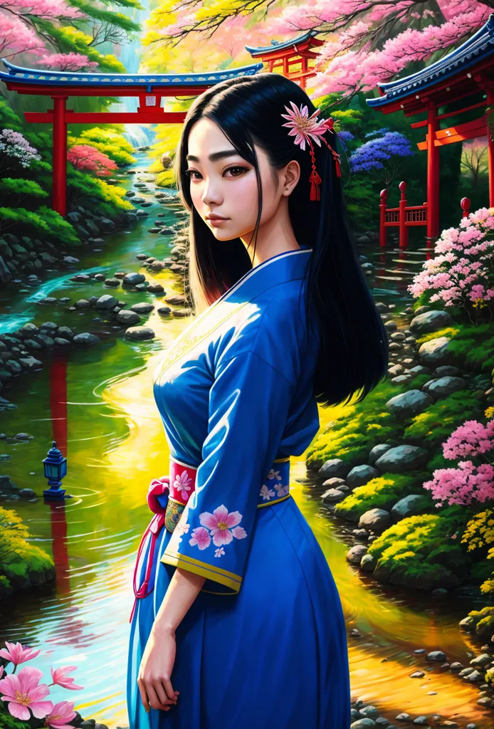The image is a painting of a young woman in a blue kimono with pink and white flowers in her hair. She is standing in a lush garden with a red bridge in the background. The bridge is surrounded by cherry blossoms. The water in the river is a bright blue and white. The rocks in the river are a dark gray. The trees in the background are green and yellow. The sky is a light blue. The image is very peaceful and serene.
