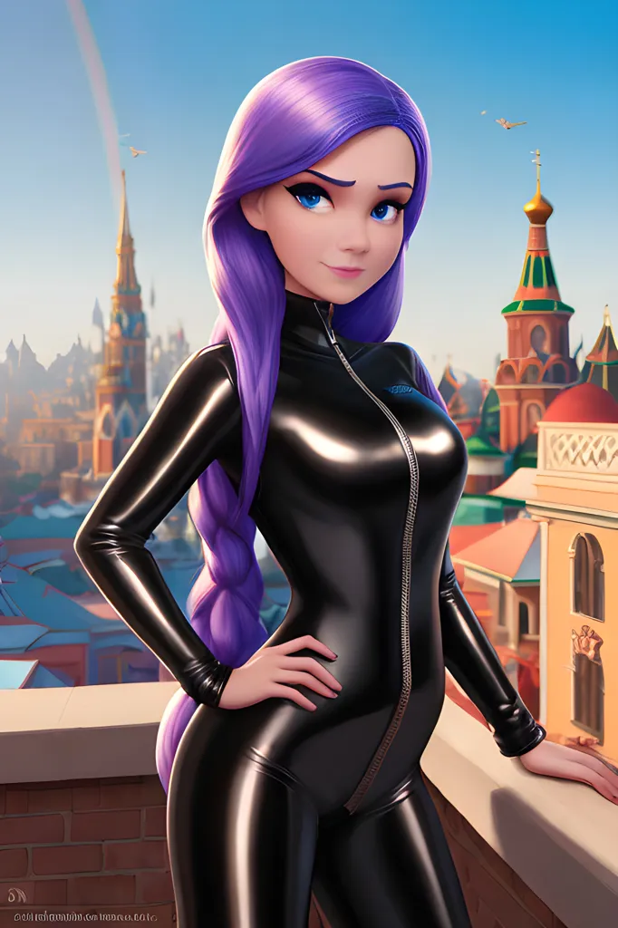 This is an image of a woman standing on a rooftop. She is wearing a black latex bodysuit with a purple zipper in the front. She has long purple hair that is braided down her back. Her eyes are blue and her skin is fair. She is standing with her left hand on her hip and her right hand resting on the railing of the rooftop. In the background is a cityscape with a few buildings and a rainbow in the distance.