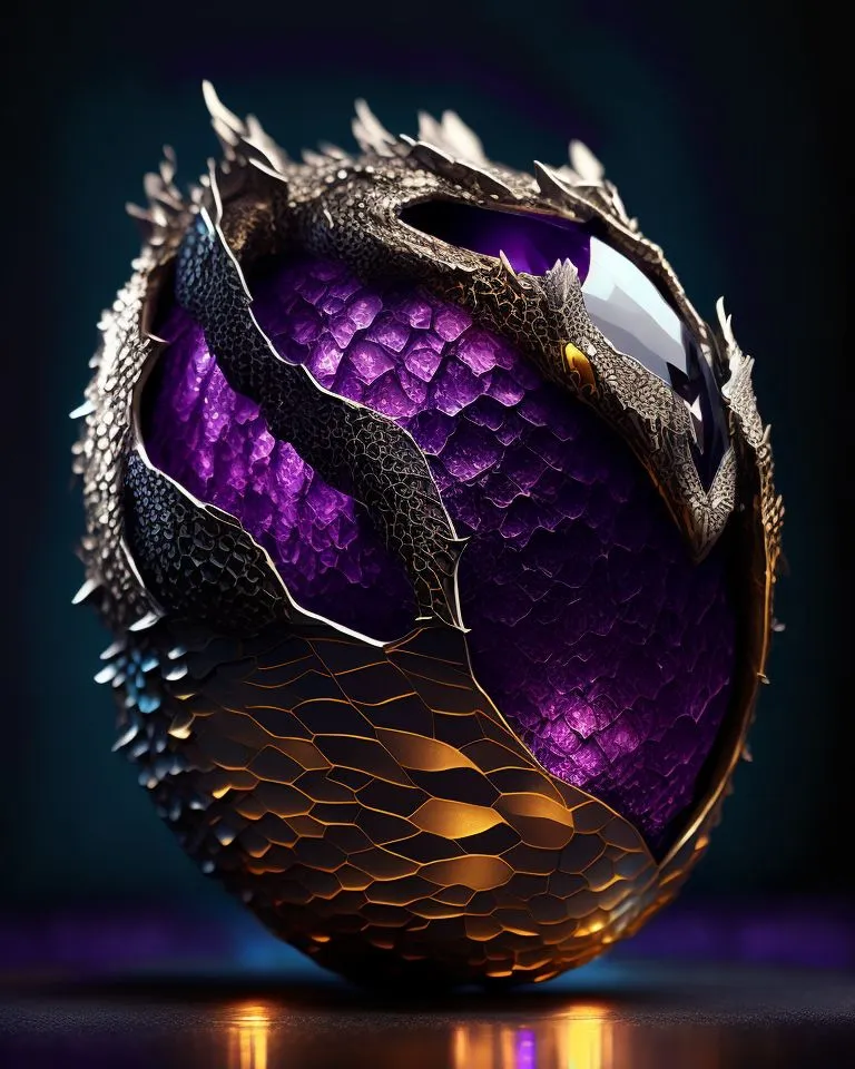 A imagem é uma renderização 3D de um ovo de dragão. O ovo é de cor púrpura escura e tem um brilho metálico. Há uma faixa dourada ao redor do meio do ovo, e o ovo está coberto de pequenos espinhos afiados. O ovo está rachado na parte superior, e um pequeno dragão está emergindo dele. O dragão também é de cor púrpura escura e tem uma barriga dourada. Os olhos do dragão estão fechados, e ele está rodeado por uma névoa púrpura. O ovo está sentado em uma superfície refletiva, e há um fundo escuro atrás dele.