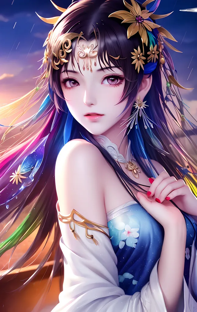 The picture shows a beautiful anime girl with long black hair and multi-colored highlights. She is wearing a blue and white dress with a white jacket. She has a gold headpiece with flowers in her hair. She is looking at the viewer with a serious expression. She is standing in front of a blue and purple background with a gradient from light to dark.