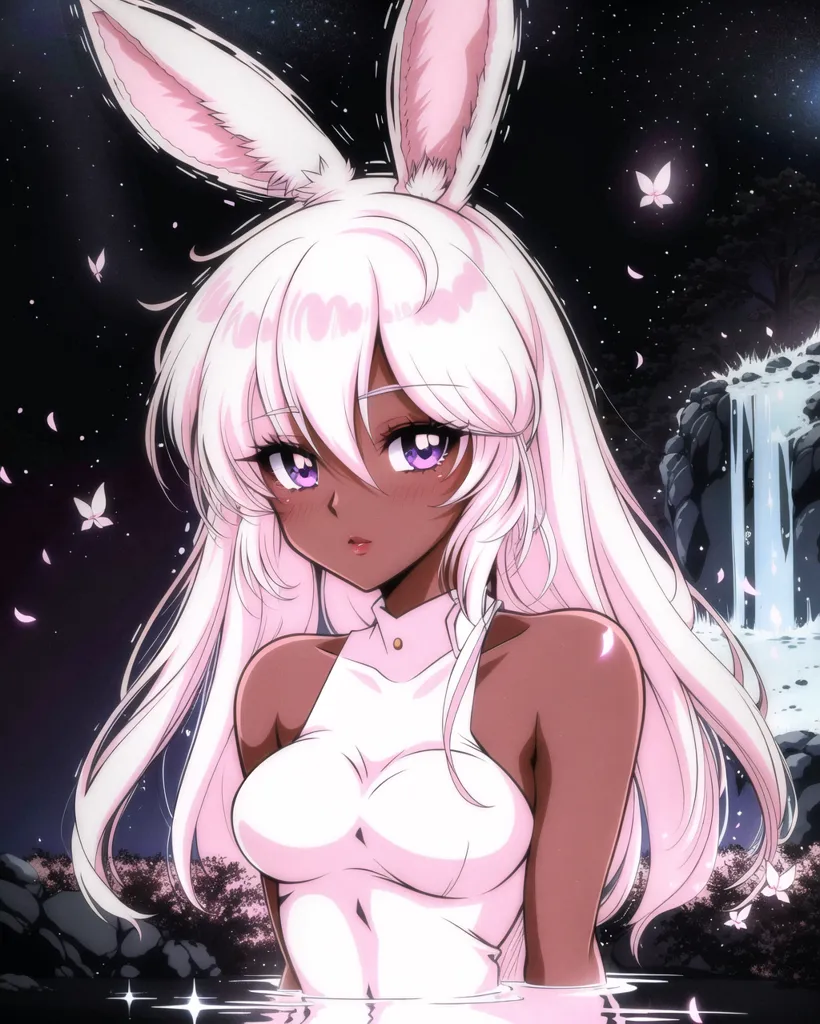 This is an image of a beautiful anime girl with long white hair and purple eyes. She has brown skin and is wearing a white dress. She is standing in a river and there is a waterfall behind her. The sky is dark and there are stars and butterflies in the background.