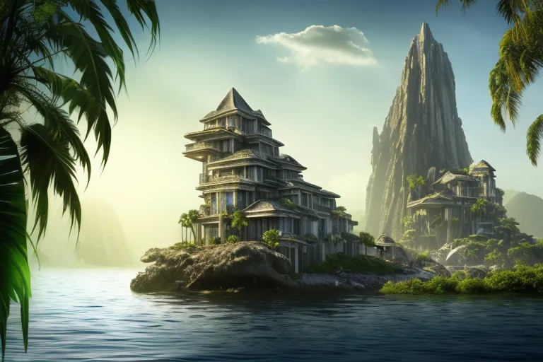 The image shows a large, futuristic building on a rocky island in the middle of a body of water. The building is made of glass and metal, with a green roof. The island is surrounded by palm trees and other tropical vegetation. In the background is a large mountain range. The water is a deep blue color and the sky is light blue with a few white clouds. The sun is shining brightly.