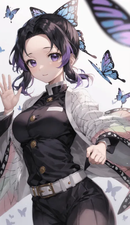 The image contains an anime girl with long black hair and purple tips. She is wearing a black and white kimono with a purple obi. She has a gentle smile on her face and is surrounded by butterflies.