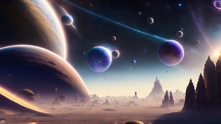 The image is set in a vast, alien landscape. There are several planets in the sky, some of which are larger than others. The largest planet is a blue gas giant, while the second largest is a red planet. There are also several smaller planets and moons in the sky. The surface of the planet is covered in a desert-like landscape, with large, rocky outcroppings. There are also several large, metallic structures on the surface, which may be buildings or other structures. The image is very detailed and realistic, and it gives the viewer a sense of the vastness and beauty of the universe.