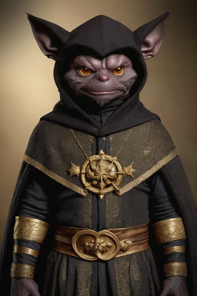 This image shows a small, furry creature with large ears and a long tail. It is wearing a black robe with gold trim and a hood. The robe is fastened with a wide belt with a gold buckle. The creature's eyes are yellow and its fur is brown. It has a serious expression on its face.