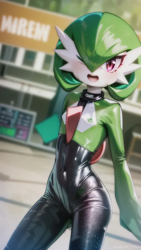 The image is of a Gardevoir, a bipedal, humanoid Pokémon that resembles a mythical creature. It has a slender figure with green hair and red eyes. It is wearing a black and green bodysuit with a white collar. It is standing in a city street with a building in the background