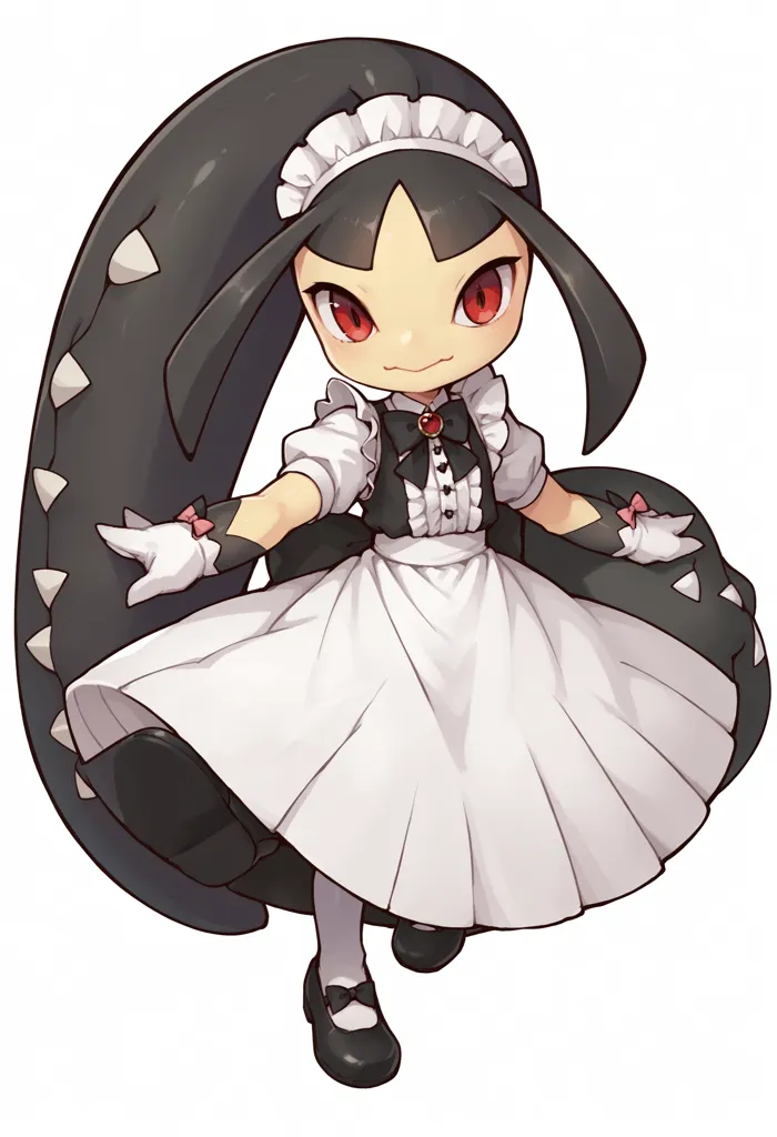 The picture shows a cute anime girl with long black hair and red eyes. She is wearing a white and black maid outfit with a long skirt and a headdress. She is also wearing black shoes and white gloves. She has a big smile on her face and is standing with her arms outstretched.