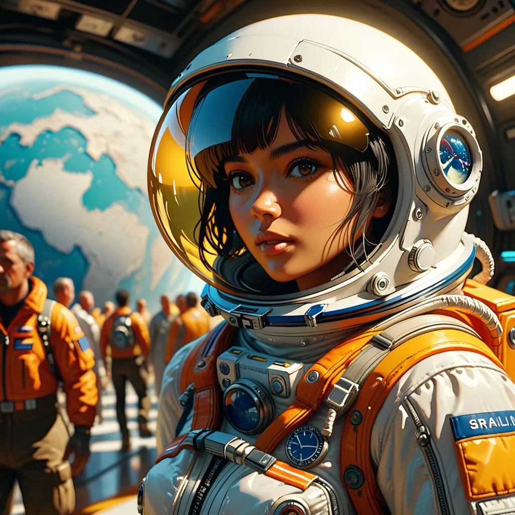 A young girl in a spacesuit is standing in front of a group of people. She is looking at the camera with a determined expression. The people behind her are all wearing orange jumpsuits and they are all looking at her. The girl is wearing a white spacesuit with a clear bubble helmet. She has short brown hair. The background is a large hanger with a planet in the distance.