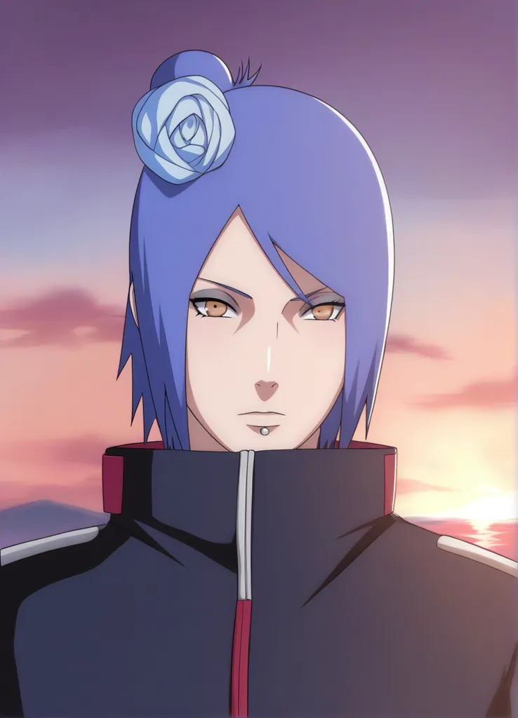 This image shows a kunoichi from the anime series Naruto. She has blue hair, purple eyes, and a rose in her hair. She is wearing a black jacket with a red stripe down the side. Her expression is serious and determined.