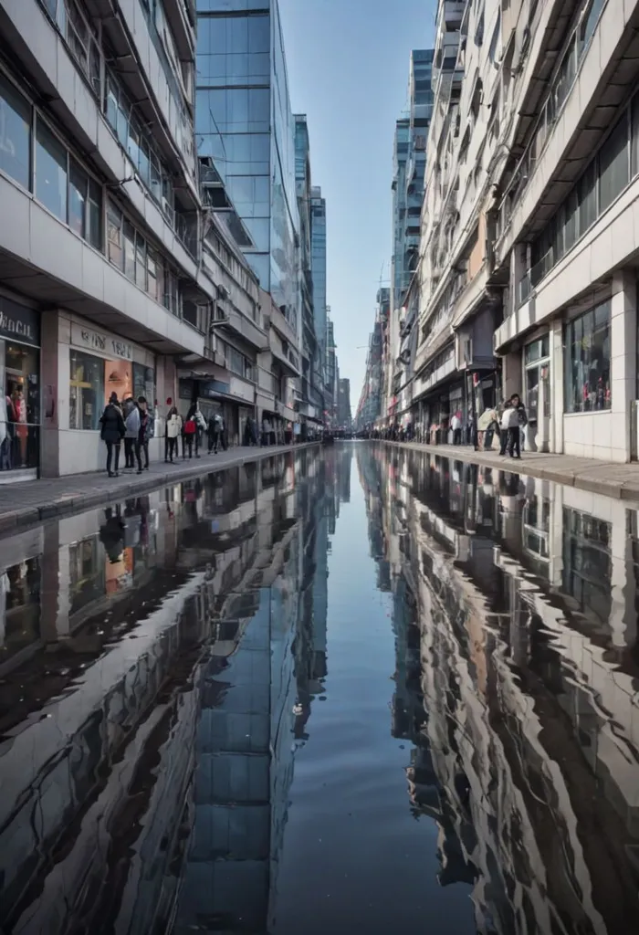 It is raining heavily in the city. The buildings are tall and the reflections are clear in the water. The road is flooded and looks like a river. There are people walking on the sidewalks and they are all wearing raincoats. The sky is dark and cloudy.