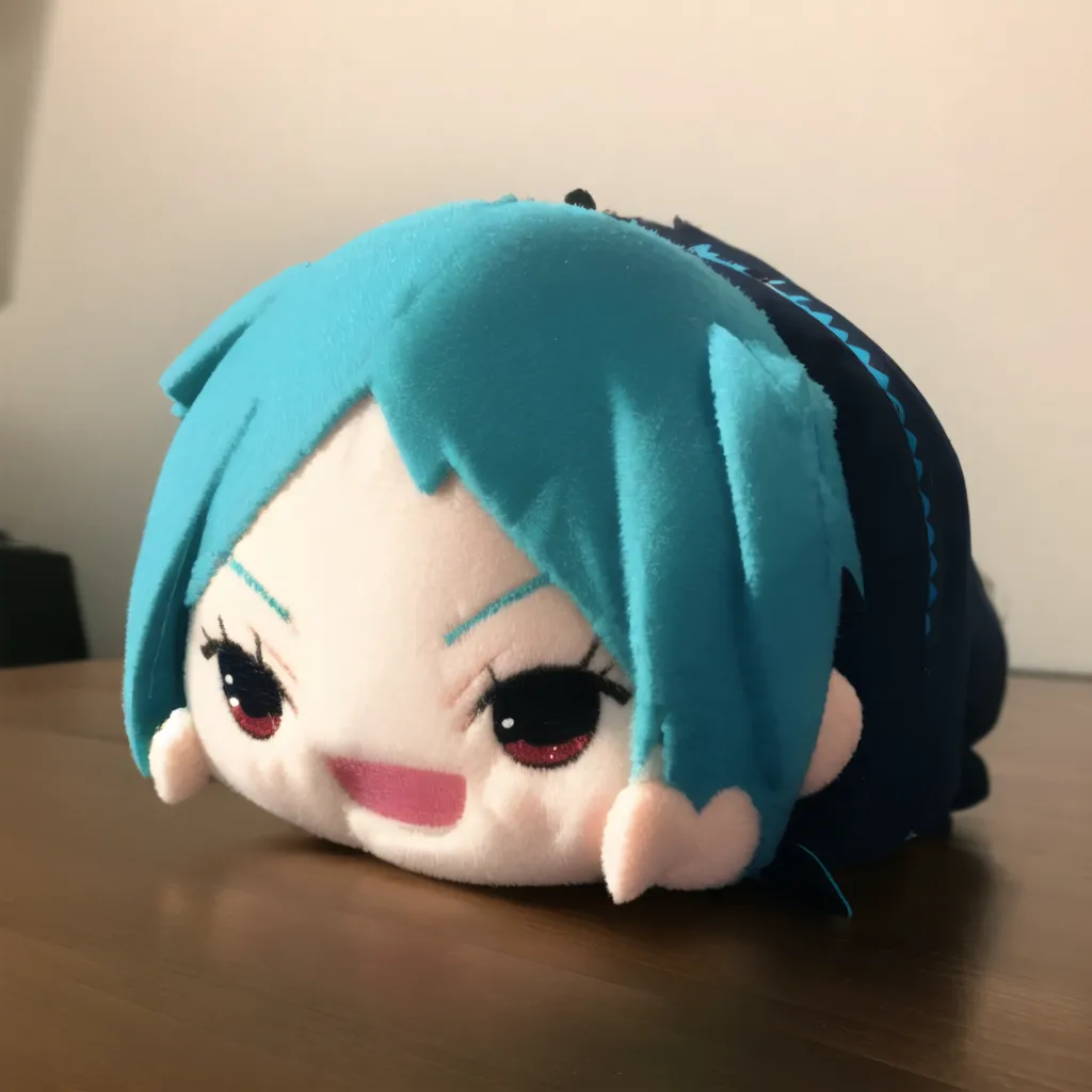 The image is of a趴趴熊趴娃, which is a type of plush toy. It has blue hair and red eyes, and is wearing a black and blue outfit. It is lying on a wooden table.