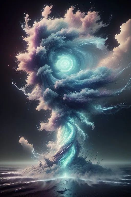 The image is a beautiful and awe-inspiring depiction of a tornado. The tornado is shown as a swirling vortex of clouds and energy. The colors of the tornado are primarily blue and white, with hints of purple and pink. The tornado is set against a dark background, which makes it stand out even more. The image is very detailed, and the artist has clearly put a lot of thought into creating a realistic and visually appealing representation of a tornado.