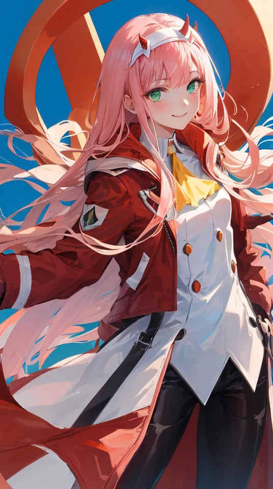 The image is of a young girl with pink hair and green eyes. She is wearing a red and white jacket and a white shirt. She is also wearing a pair of black pants and a pair of red boots. The girl is standing in front of a blue background. She has a smile on her face and is looking at the viewer.