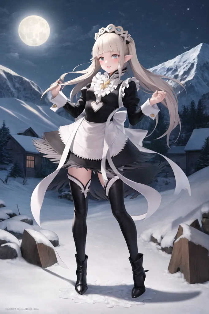 The image is of a young woman with long white hair and blue eyes. She is wearing a black and white maid outfit with a heart-shaped bra. She is also wearing black boots and a white apron. The woman is standing in a snowy forest. There is a full moon in the background. The woman is smiling and has her hands on her h