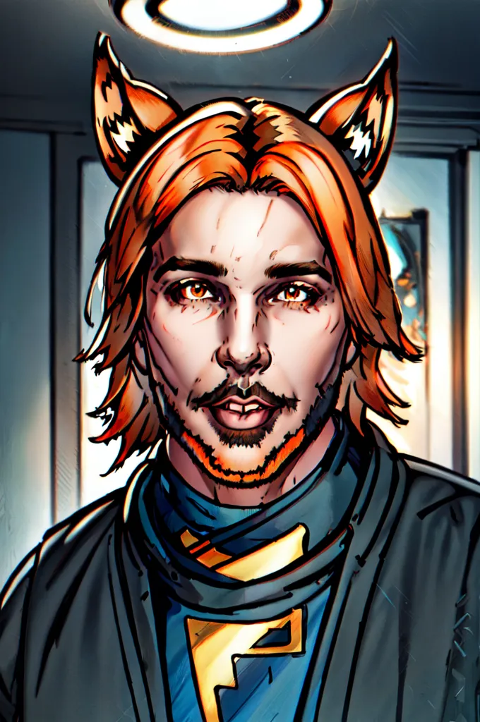 This is a picture of a man with fox ears. He has orange hair and brown eyes. He is wearing a black jacket and a blue shirt with a yellow collar. He is also wearing a necklace with a P on it. He has a smug expression on his face.