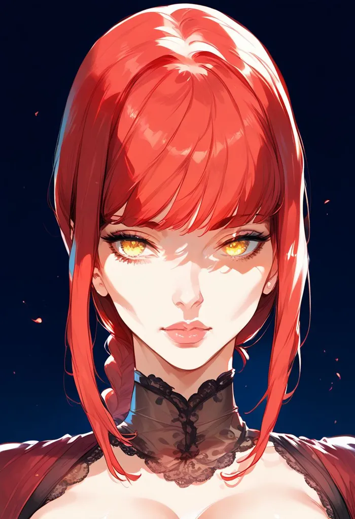 This is an image of a woman with red hair and yellow eyes. She is wearing a black dress with a red collar. The background is dark blue with some light red particles. The woman's expression is serious and intense.