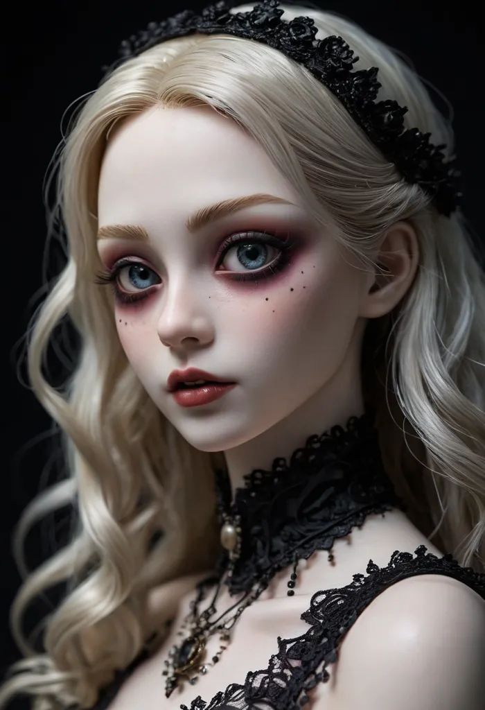 This is a picture of a doll with long wavy blonde hair, blue eyes, and a black lace headband. She is wearing a black lace dress with a white lace collar. She has a necklace with a large pendant. Her lips are slightly parted and her eyes are looking to the left. Her face is pale and her skin is smooth. She is a very beautiful doll.