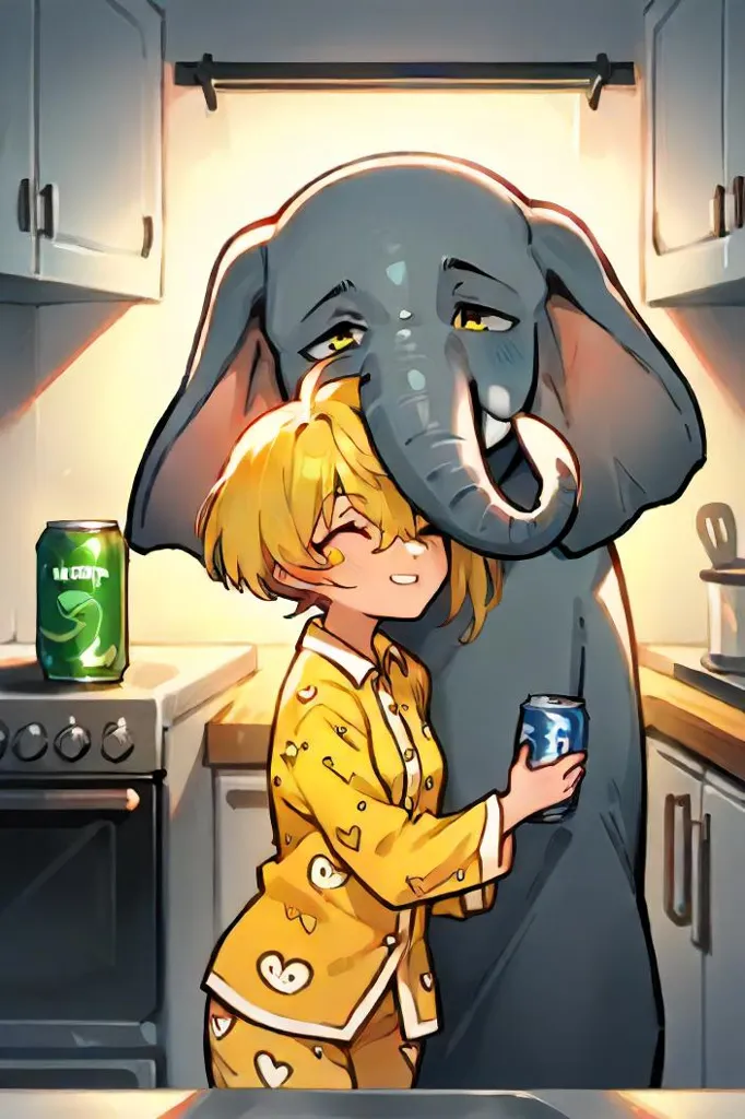 ASCIIscore_9, score_8_up, score_7_up, score_6_up, score_5_up, score_4_up, in the image, a couple is standing together in front of a kitchen counter, both wearing matching pajamas that feature an delightful elephant pattern. the woman's pajama set is blue and yellow, while the man's is black and white. the words "price for 1 set" can be seen in the image, indicating that this stylish and coordinated outfit is available for purchase as a single set.